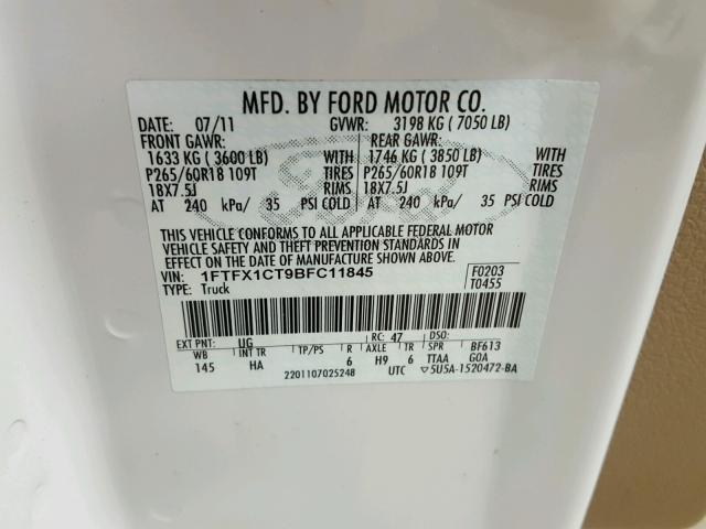 1FTFX1CT9BFC11845 - 2011 FORD F150 SUPER WHITE photo 10