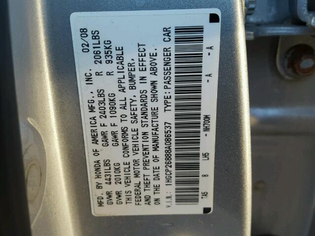 1HGCP26888A086537 - 2008 HONDA ACCORD EXL GRAY photo 10