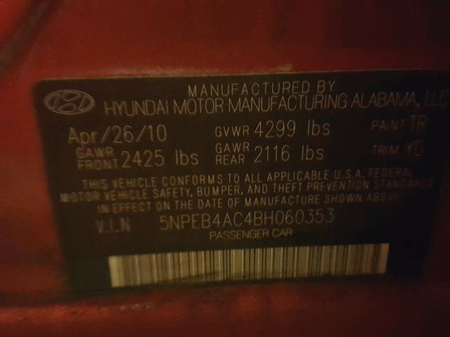 5NPEB4AC4BH060353 - 2011 HYUNDAI SONATA GLS RED photo 10