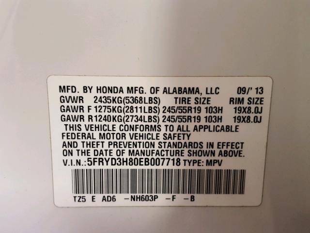 5FRYD3H80EB007718 - 2014 ACURA MDX ADVANC 白色 照片 10