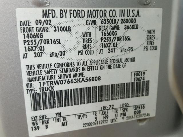 1FTRW07663KA56808 - 2003 FORD F150 SUPER GRAY photo 10