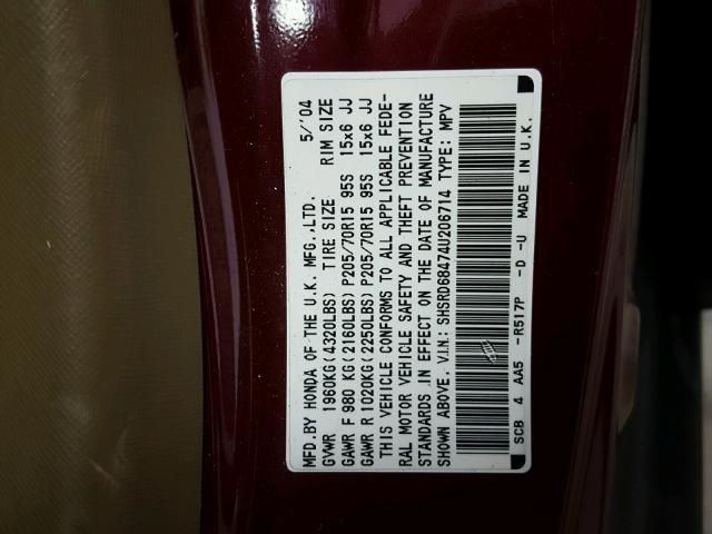 SHSRD68474U206714 - 2004 HONDA CR-V LX MAROON photo 10