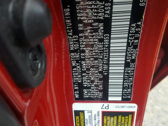 4T1BF1FK2EU749853 - 2014 TOYOTA CAMRY L RED photo 10