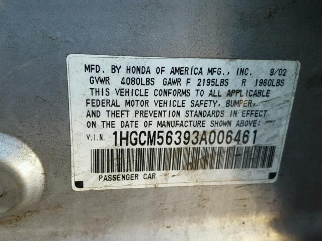 1HGCM56393A006461 - 2003 HONDA ACCORD LX SILVER photo 10