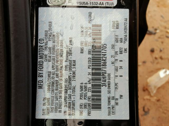 3FAHP07186R241705 - 2006 FORD FUSION SE BLACK photo 10