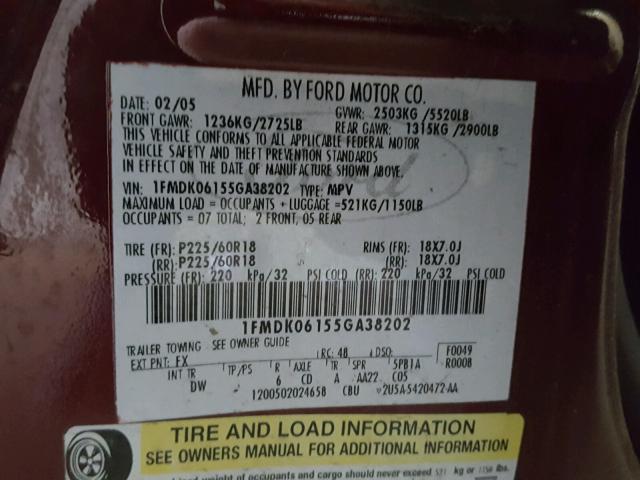 1FMDK06155GA38202 - 2005 FORD FREESTYLE BURGUNDY photo 10