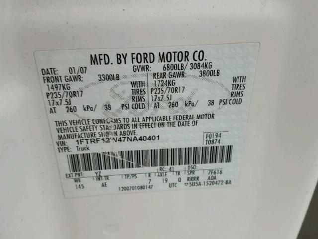 1FTRF12W47NA40401 - 2007 FORD F150 WHITE photo 10