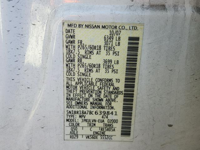 5N1BR18A78C639841 - 2008 NISSAN PATHFINDER WHITE photo 10