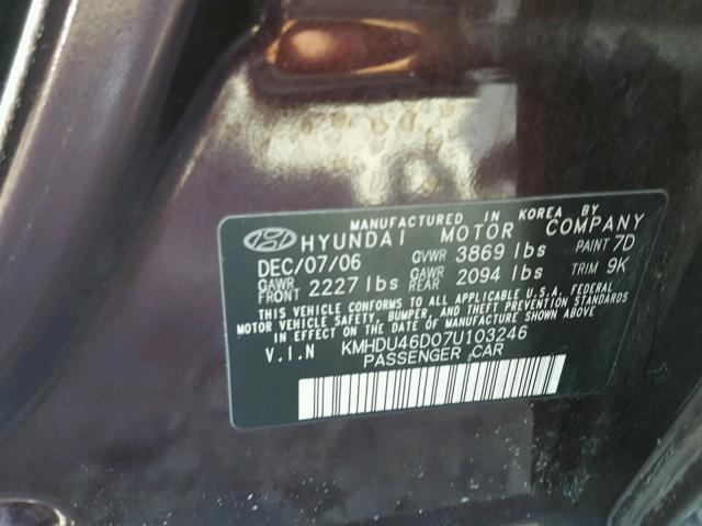 KMHDU46D07U103246 - 2007 HYUNDAI ELANTRA GL PURPLE photo 10