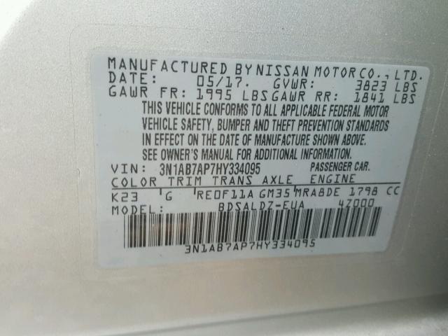 3N1AB7AP7HY334095 - 2017 NISSAN SENTRA S SILVER photo 10