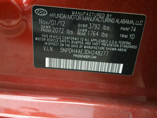 5NPDH4AE3DH248277 - 2013 HYUNDAI ELANTRA GL RED photo 10