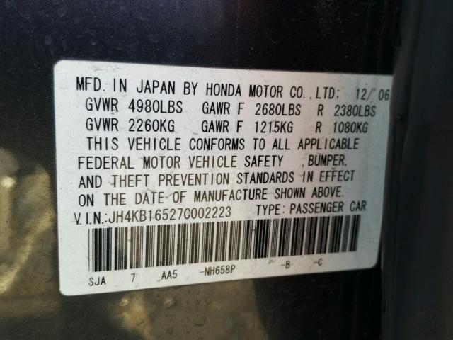 JH4KB16527C002223 - 2007 ACURA RL ლურჯი ფოტო 10