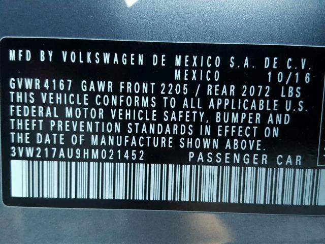 3VW217AU9HM021452 - 2017 VOLKSWAGEN GOLF S GRAY photo 10