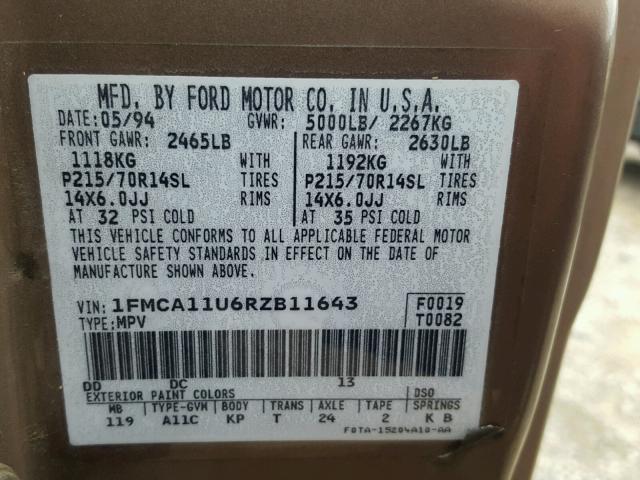 1FMCA11U6RZB11643 - 1994 FORD AEROSTAR BROWN photo 10