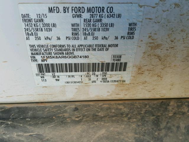 1FM5K8AR6GGB74180 - 2016 FORD EXPLORER P WHITE photo 10