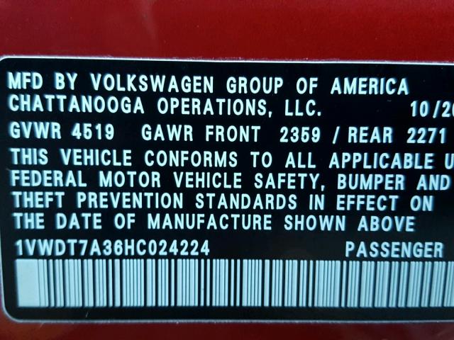 1VWDT7A36HC024224 - 2017 VOLKSWAGEN PASSAT R-L RED photo 10
