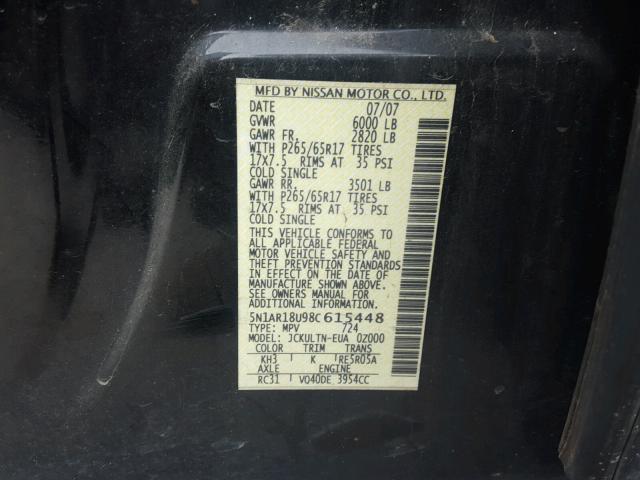 5N1AR18U98C615448 - 2008 NISSAN PATHFINDER BLACK photo 10