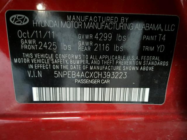 5NPEB4ACXCH393223 - 2012 HYUNDAI SONATA GLS RED photo 10