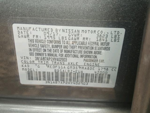 3N1AB7AP2HY402903 - 2017 NISSAN SENTRA S GRAY photo 10