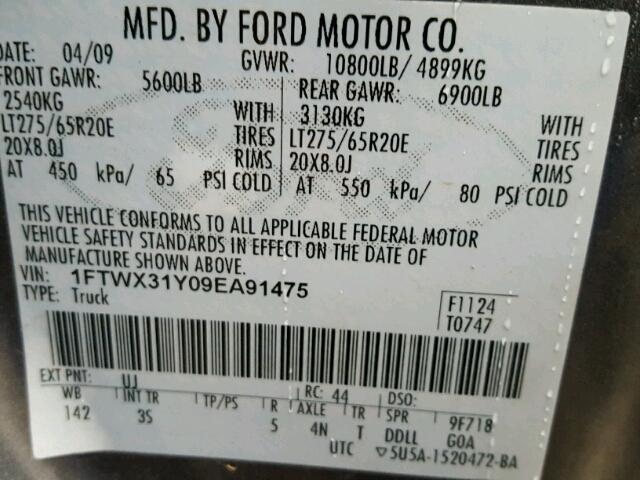 1FTWX31Y09EA91475 - 2009 FORD F350 SUPER GRAY photo 10