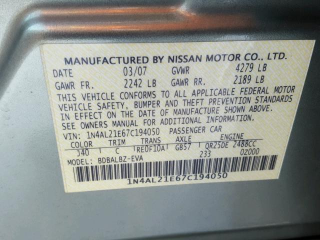 1N4AL21E67C194050 - 2007 NISSAN ALTIMA 2.5 GREEN photo 10