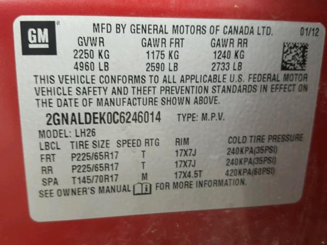 2GNALDEK0C6246014 - 2012 CHEVROLET EQUINOX LT RED photo 10