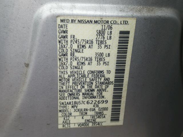 5N1AR18U57C622699 - 2007 NISSAN PATHFINDER SILVER photo 10