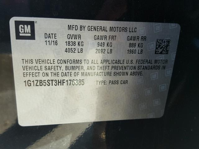 1G1ZB5ST3HF176385 - 2017 CHEVROLET MALIBU LS BLACK photo 10