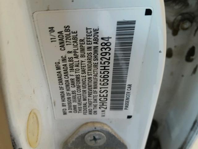 2HGES16565H529384 - 2005 HONDA CIVIC LX WHITE photo 10