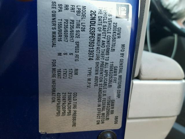 2CNDL63F676013974 - 2007 CHEVROLET EQUINOX LT BLUE photo 10