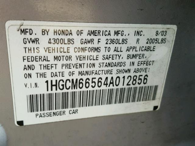 1HGCM66564A012856 - 2004 HONDA ACCORD EX SILVER photo 10