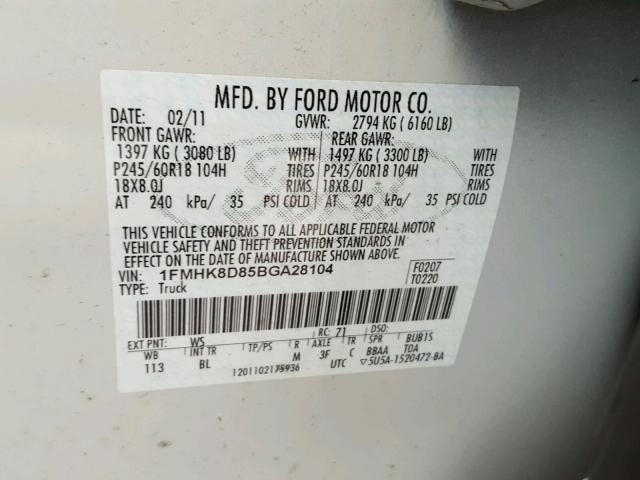 1FMHK8D85BGA28104 - 2011 FORD EXPLORER X WHITE photo 10