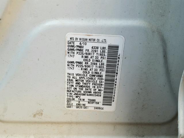 JN8AS5MT4AW023459 - 2010 NISSAN ROGUE S WHITE photo 10