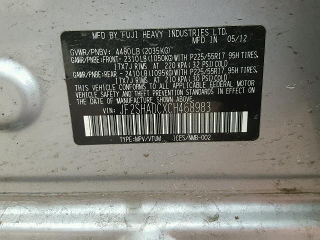 JF2SHADCXCH468983 - 2012 SUBARU FORESTER 2 SILVER photo 10
