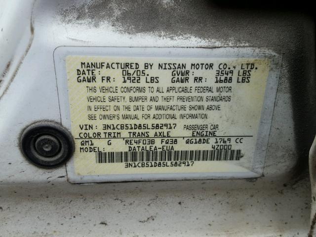 3N1CB51D85L582917 - 2005 NISSAN SENTRA 1.8 WHITE photo 10