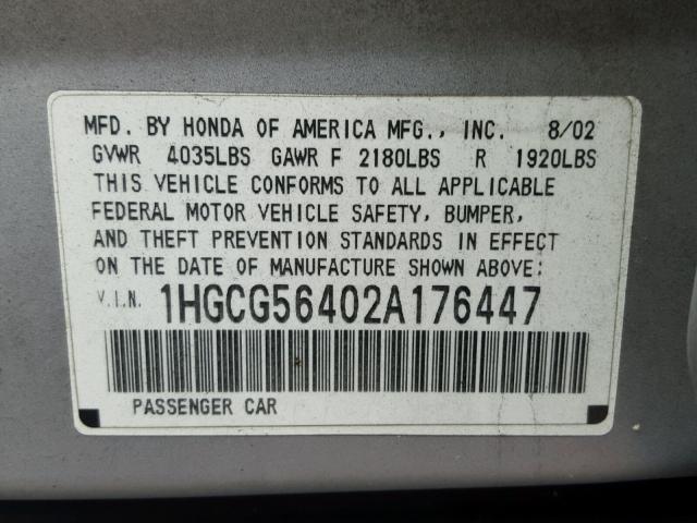 1HGCG56402A176447 - 2002 HONDA ACCORD LX SILVER photo 10