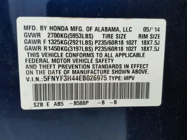 5FNYF3H44EB026975 - 2014 HONDA PILOT EX BLUE photo 10