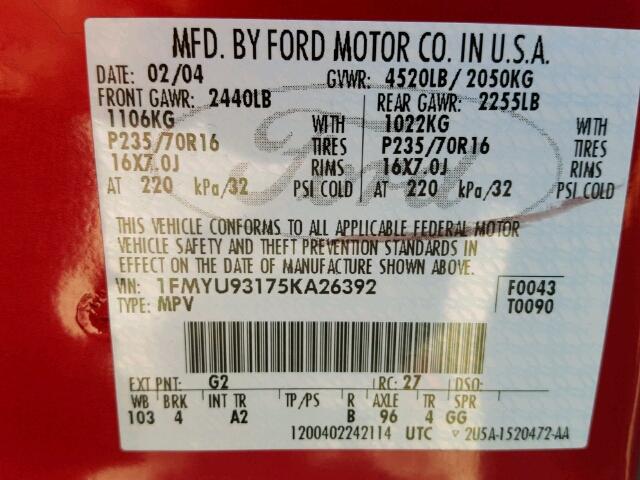 1FMYU93175KA26392 - 2005 FORD ESCAPE XLT RED photo 10