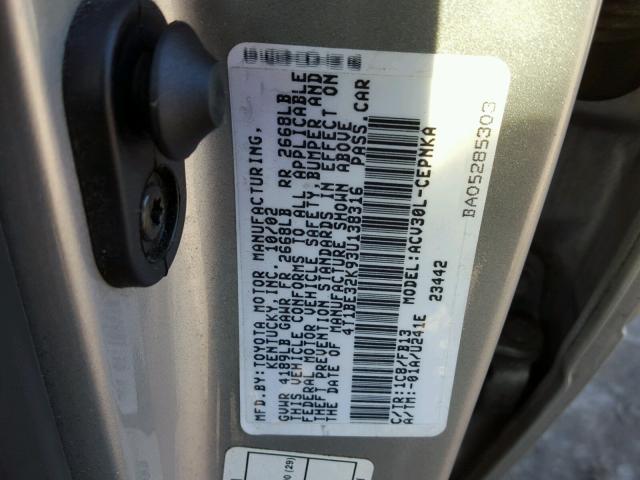 4T1BE32K93U138316 - 2003 TOYOTA CAMRY LE SILVER photo 10