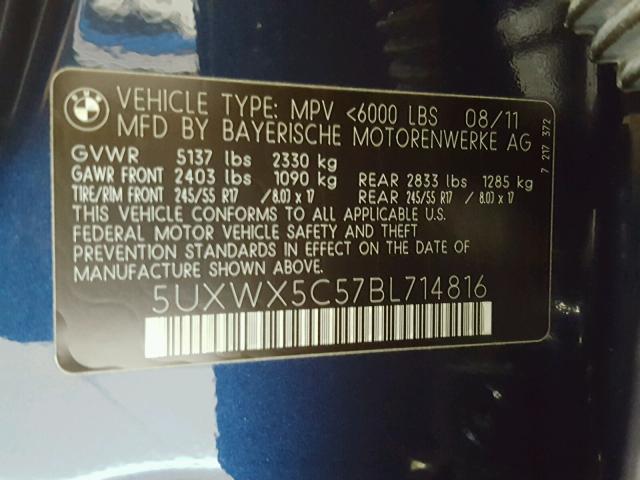 5UXWX5C57BL714816 - 2011 BMW X3 XDRIVE2 BLUE photo 10