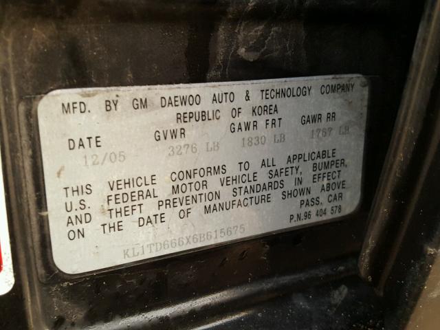 KL1TD666X6B615675 - 2006 CHEVROLET AVEO BASE BLACK photo 10