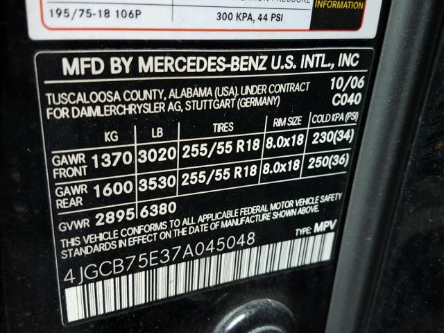 4JGCB75E37A045048 - 2007 MERCEDES-BENZ R 500 BLACK photo 10