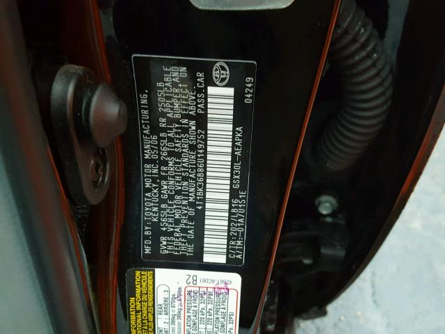 4T1BK36B86U149752 - 2006 TOYOTA AVALON XL BLACK photo 10