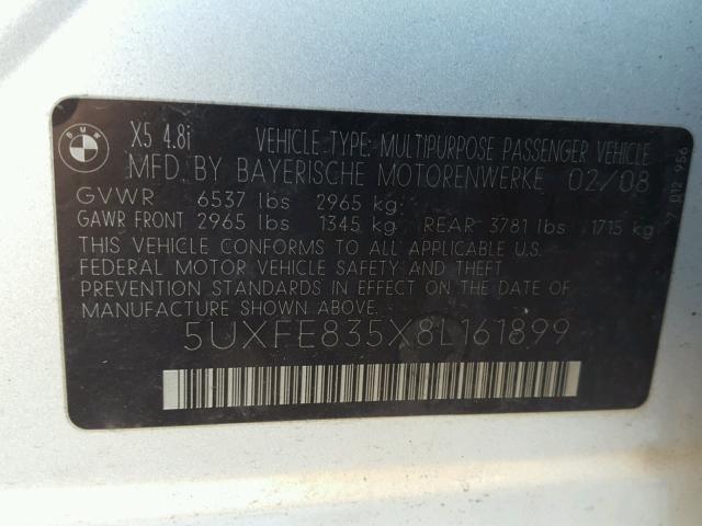 5UXFE835X8L161899 - 2008 BMW X5 4.8I SILVER photo 10