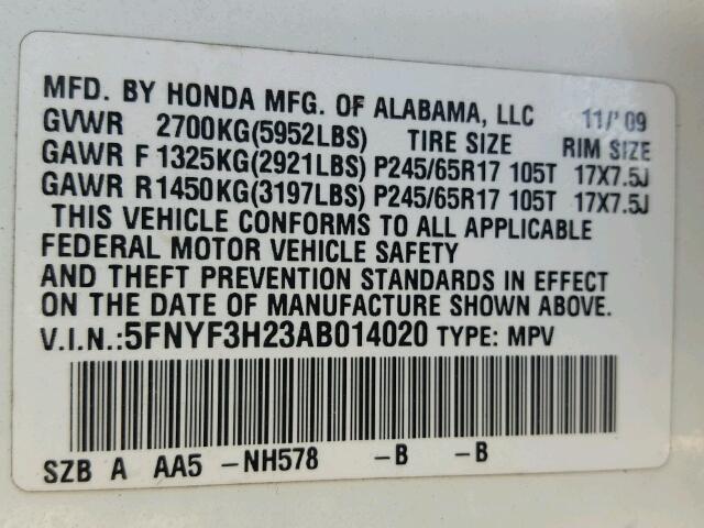 5FNYF3H23AB014020 - 2010 HONDA PILOT LX WHITE photo 10