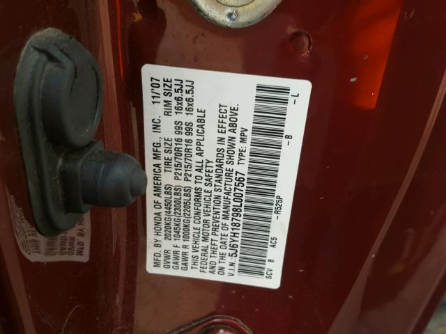 5J6YH18798L007567 - 2008 HONDA ELEMENT EX MAROON photo 10