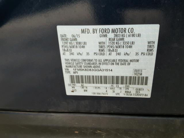 1FM5K8D83GGA31514 - 2016 FORD EXPLORER X BLUE photo 10