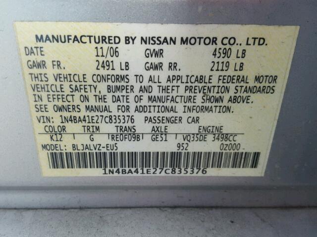 1N4BA41E27C835376 - 2007 NISSAN MAXIMA SE SILVER photo 10