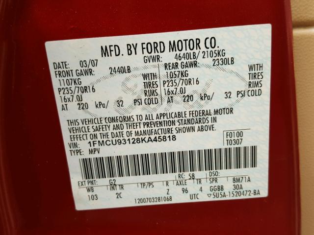 1FMCU93128KA45818 - 2008 FORD ESCAPE XLT MAROON photo 10