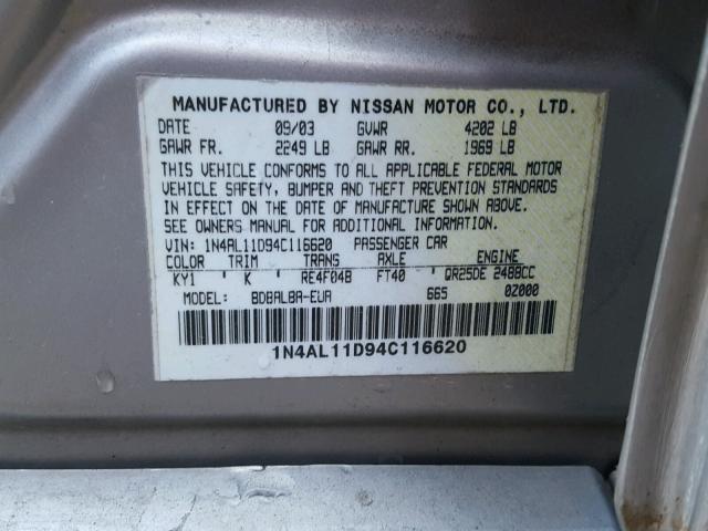 1N4AL11D94C116620 - 2004 NISSAN ALTIMA BAS GOLD photo 10